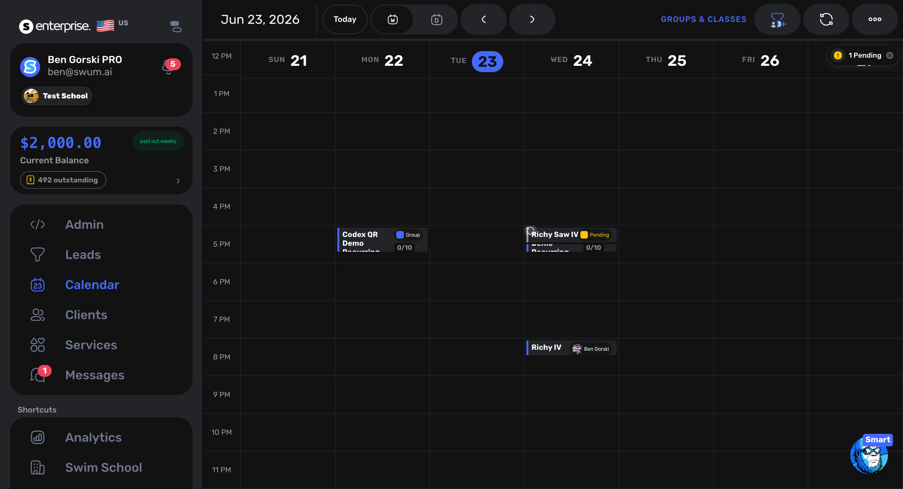 Swum calendar opening click flow with lesson date and time prefilled