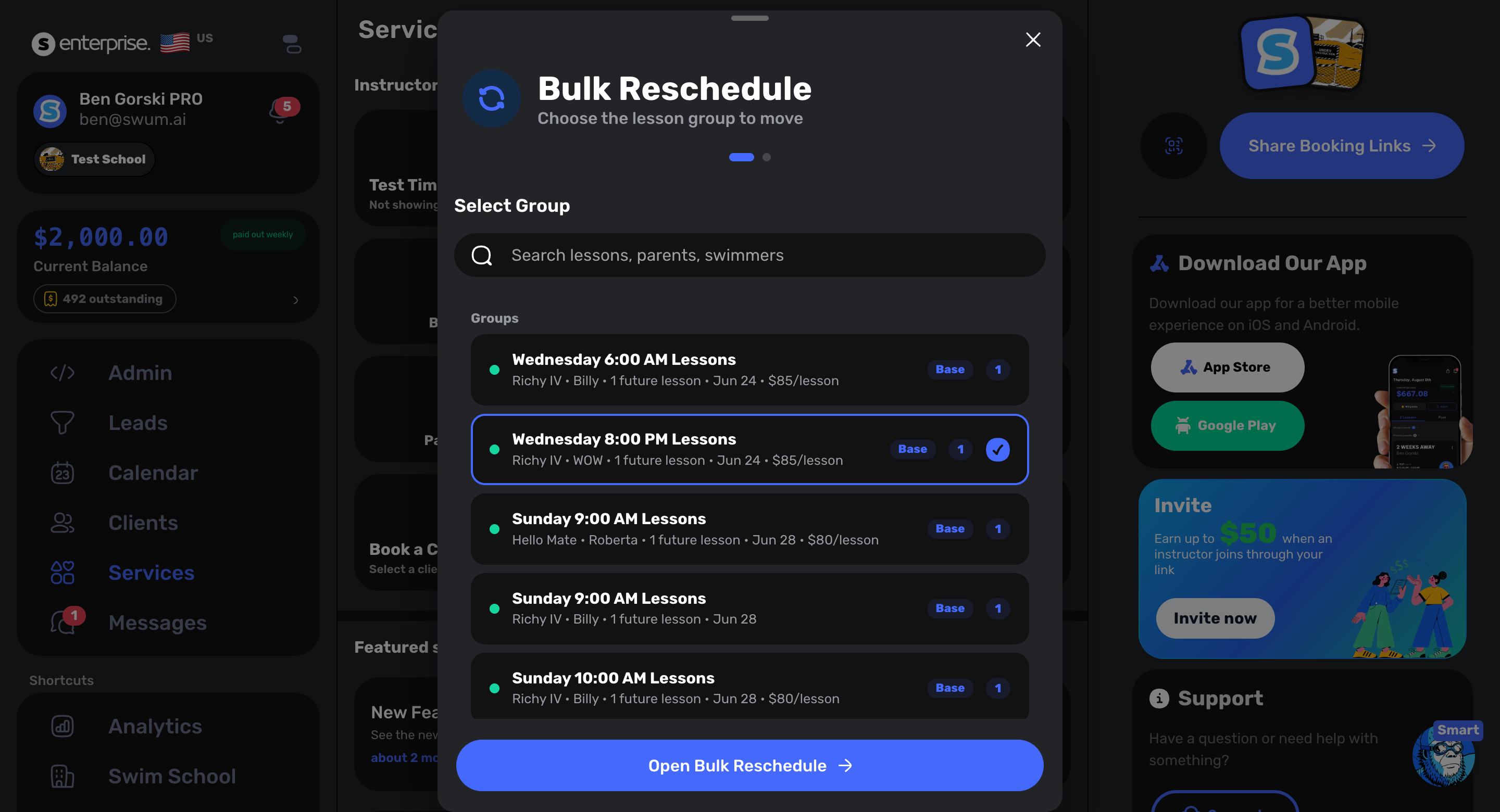 Swum Bulk Reschedule modal for moving a group or class schedule in batches