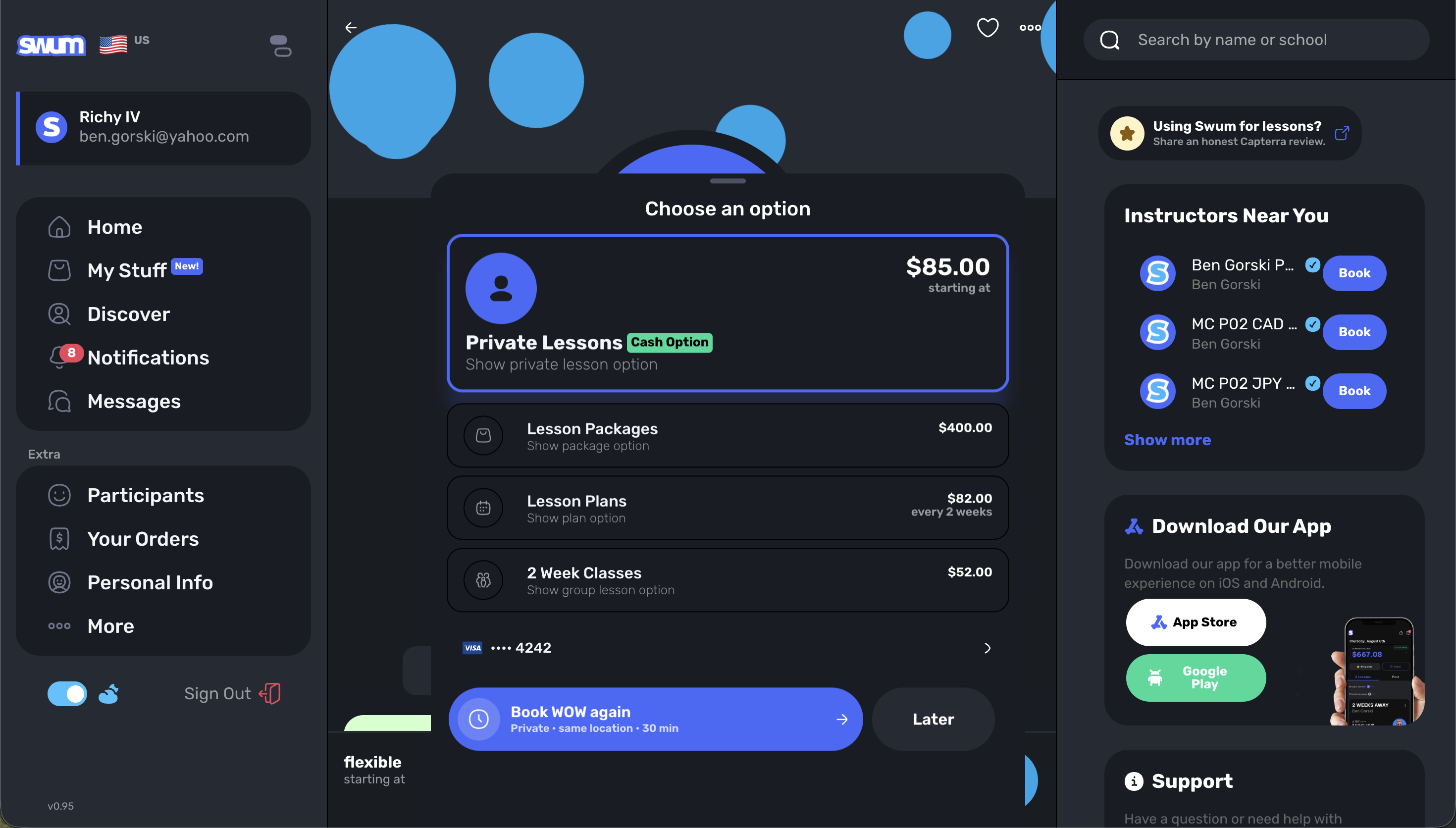 Swum Quick Mode Booking modal for fast group and class lesson creation