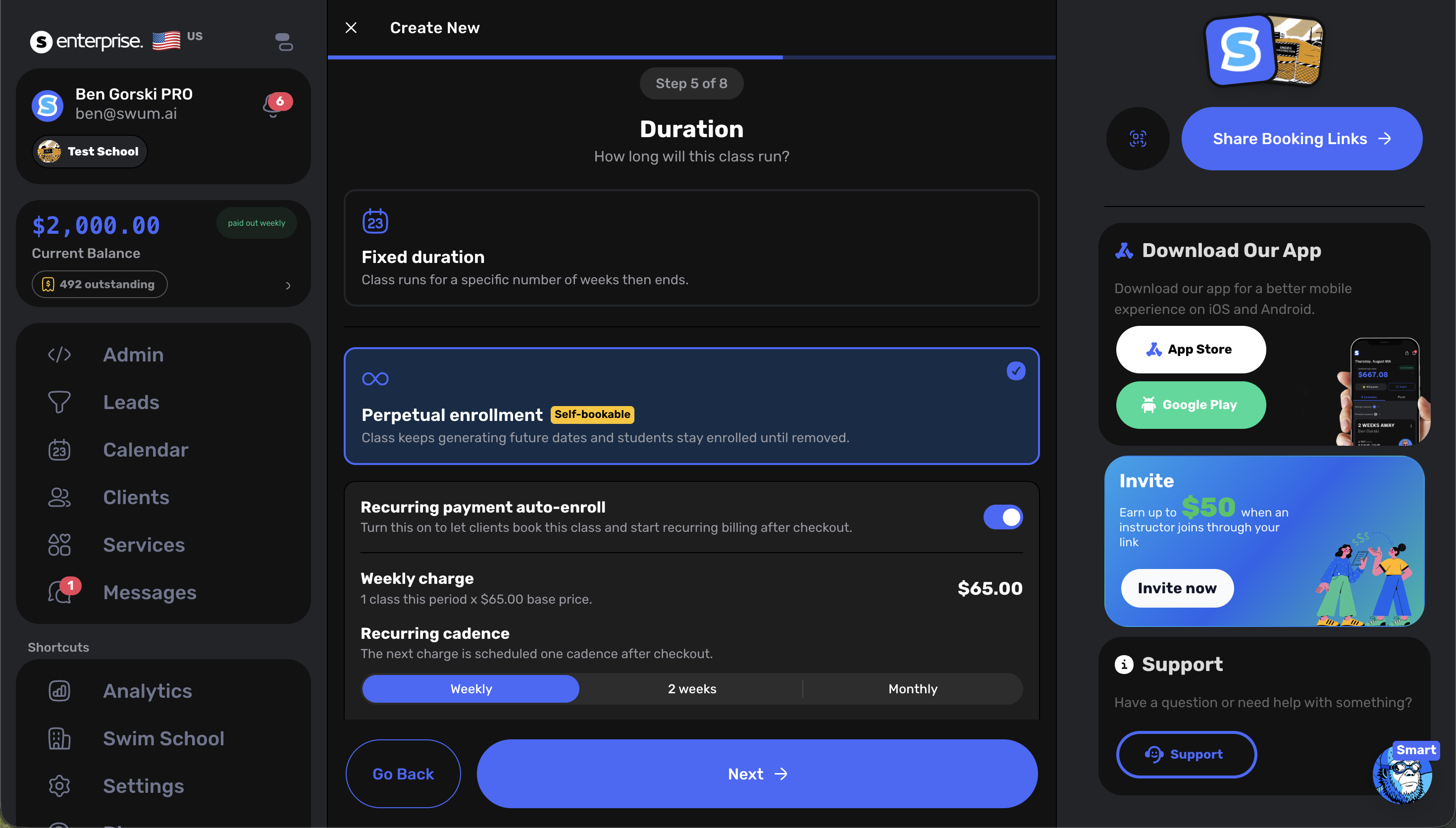 Swum class duration setup showing perpetual enrollment and recurring payment auto-enroll controls