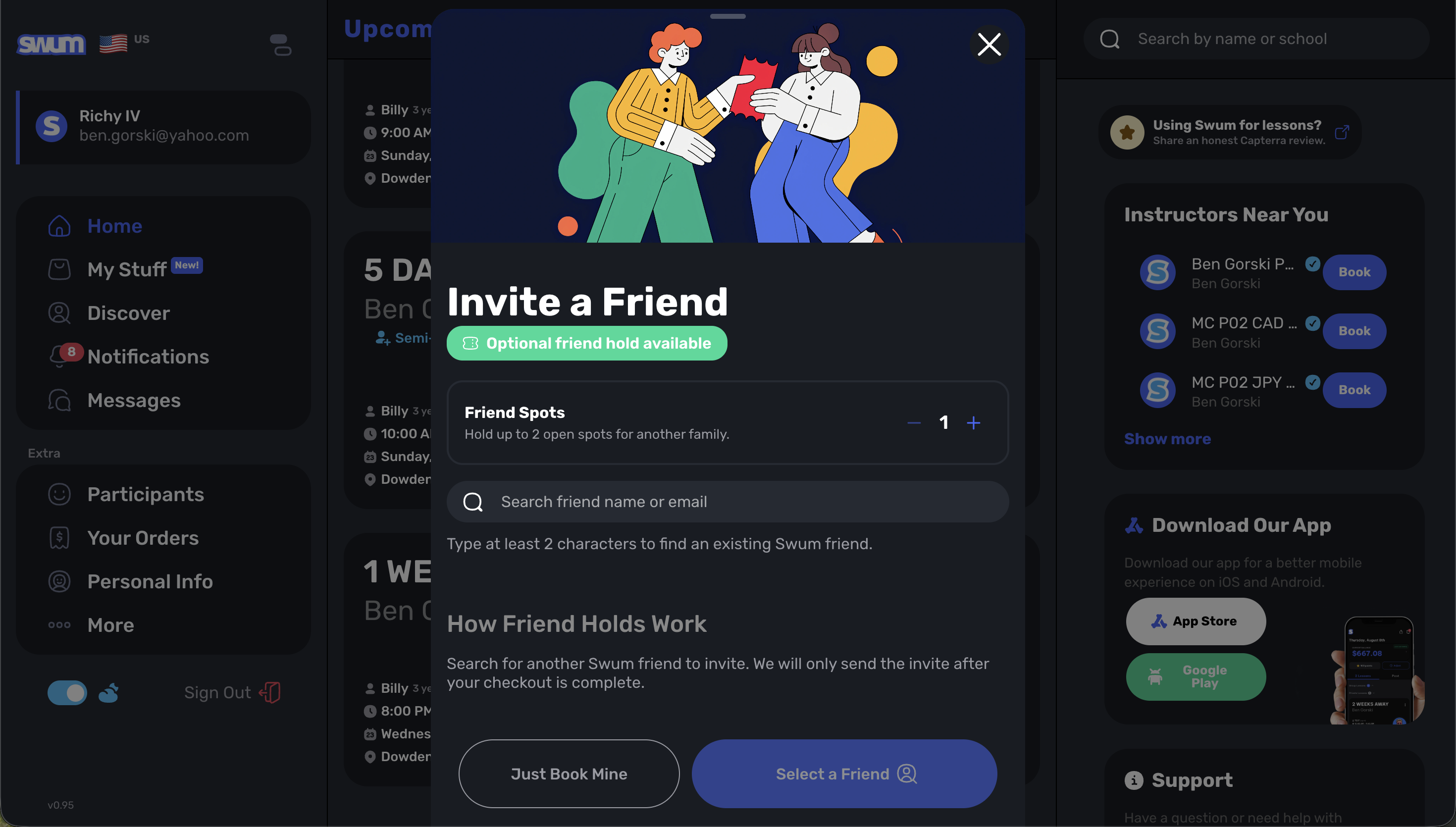 Swum semi-private Invite a Friend modal showing optional friend holds and friend spot search