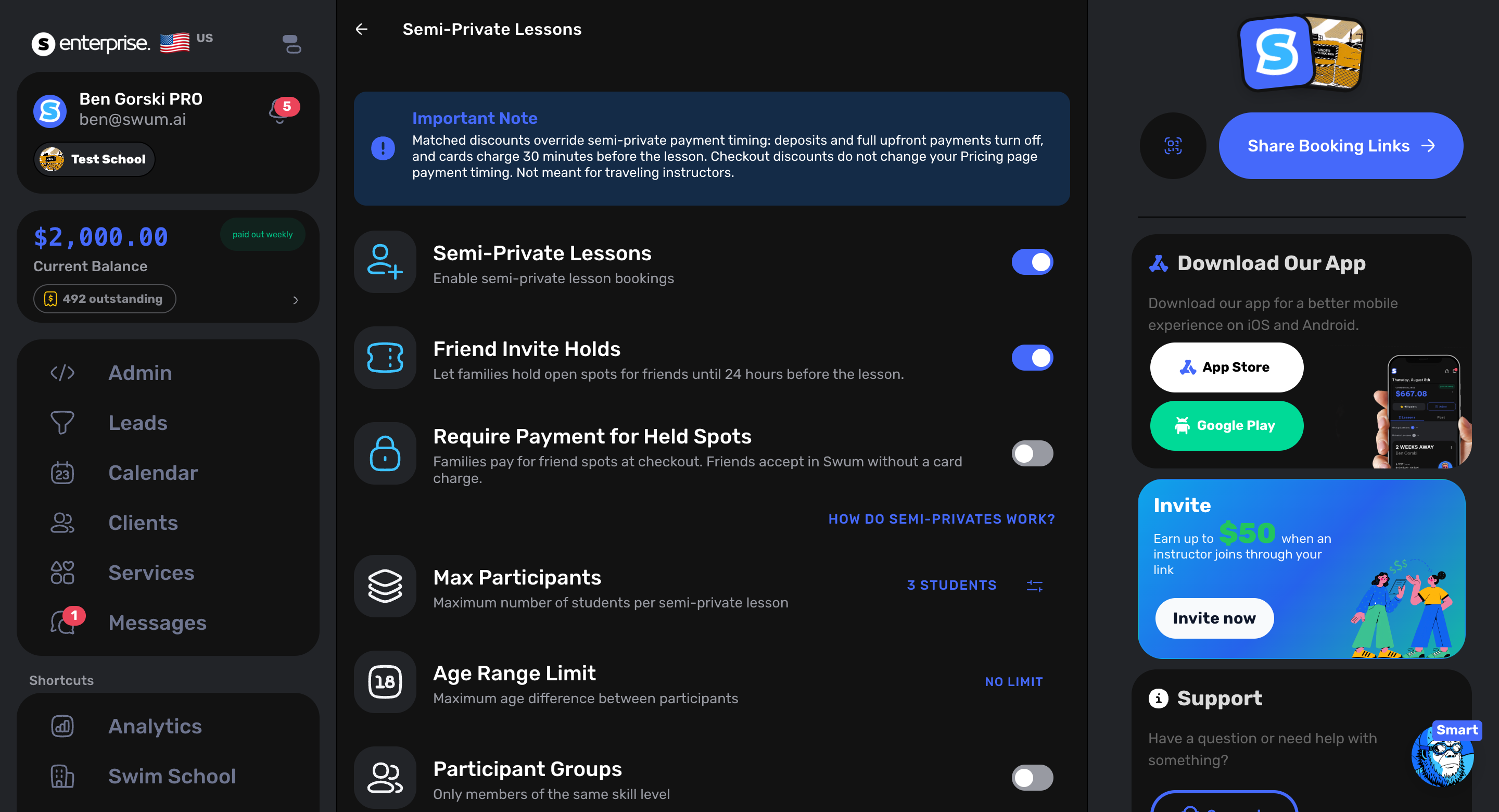 Swum semi-private lesson settings showing flat-rate pricing and upfront checkout timing