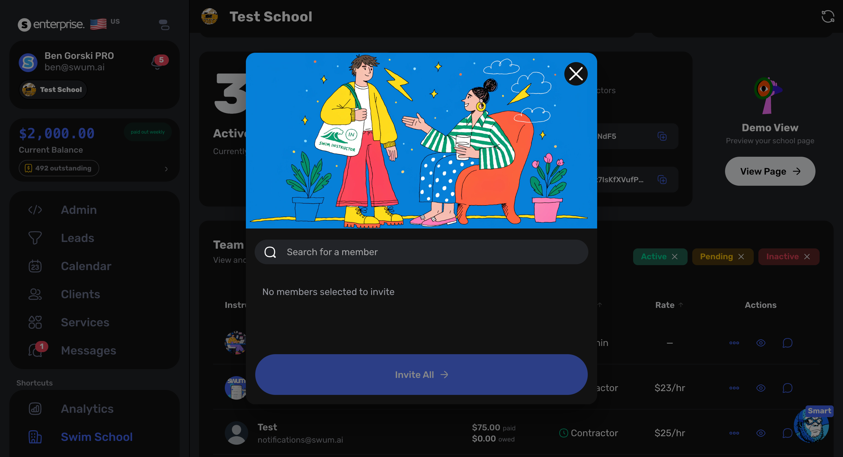 Swum Add Member modal for inviting staff and assigning team permissions
