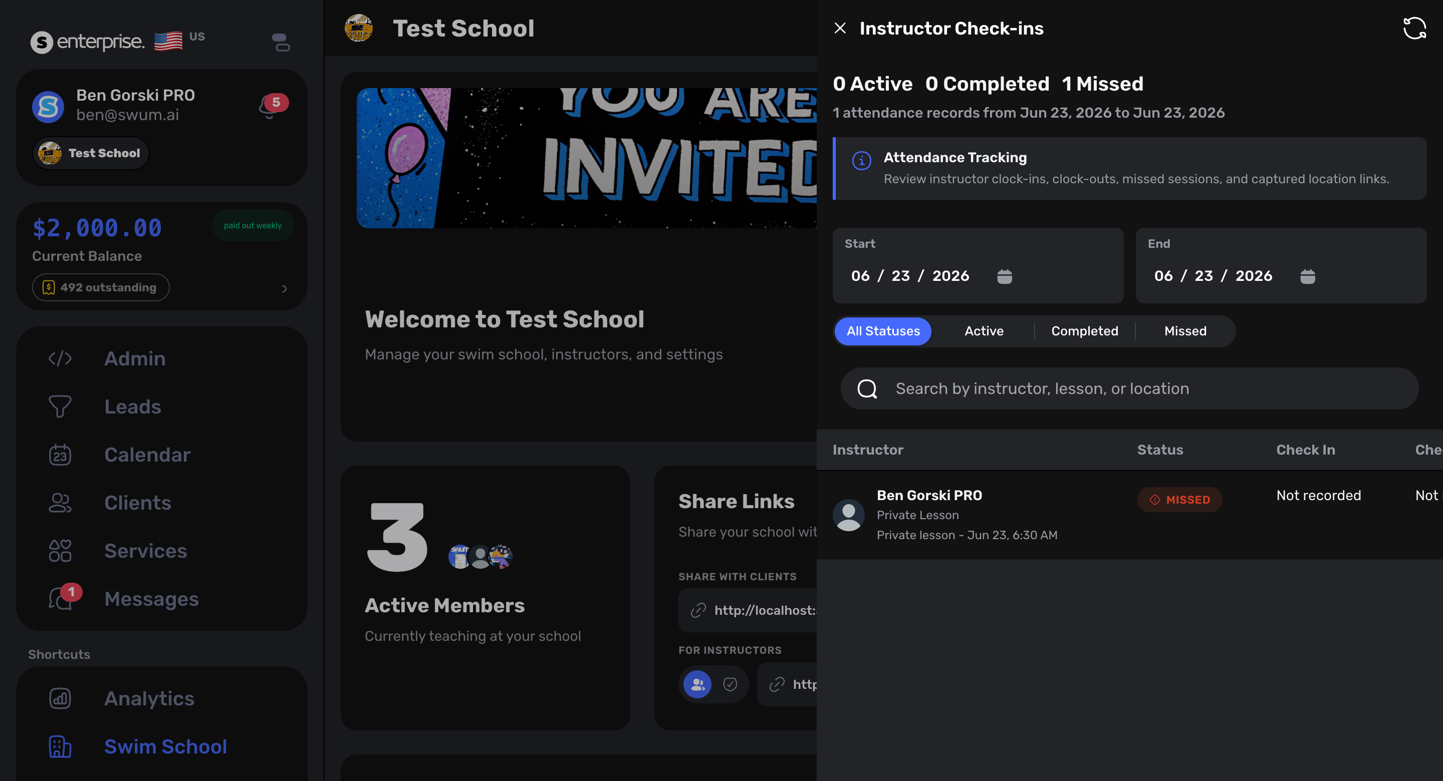 Swum Instructor Check-ins modal showing status filters, instructor schedule rows, check-in times, and check-out times