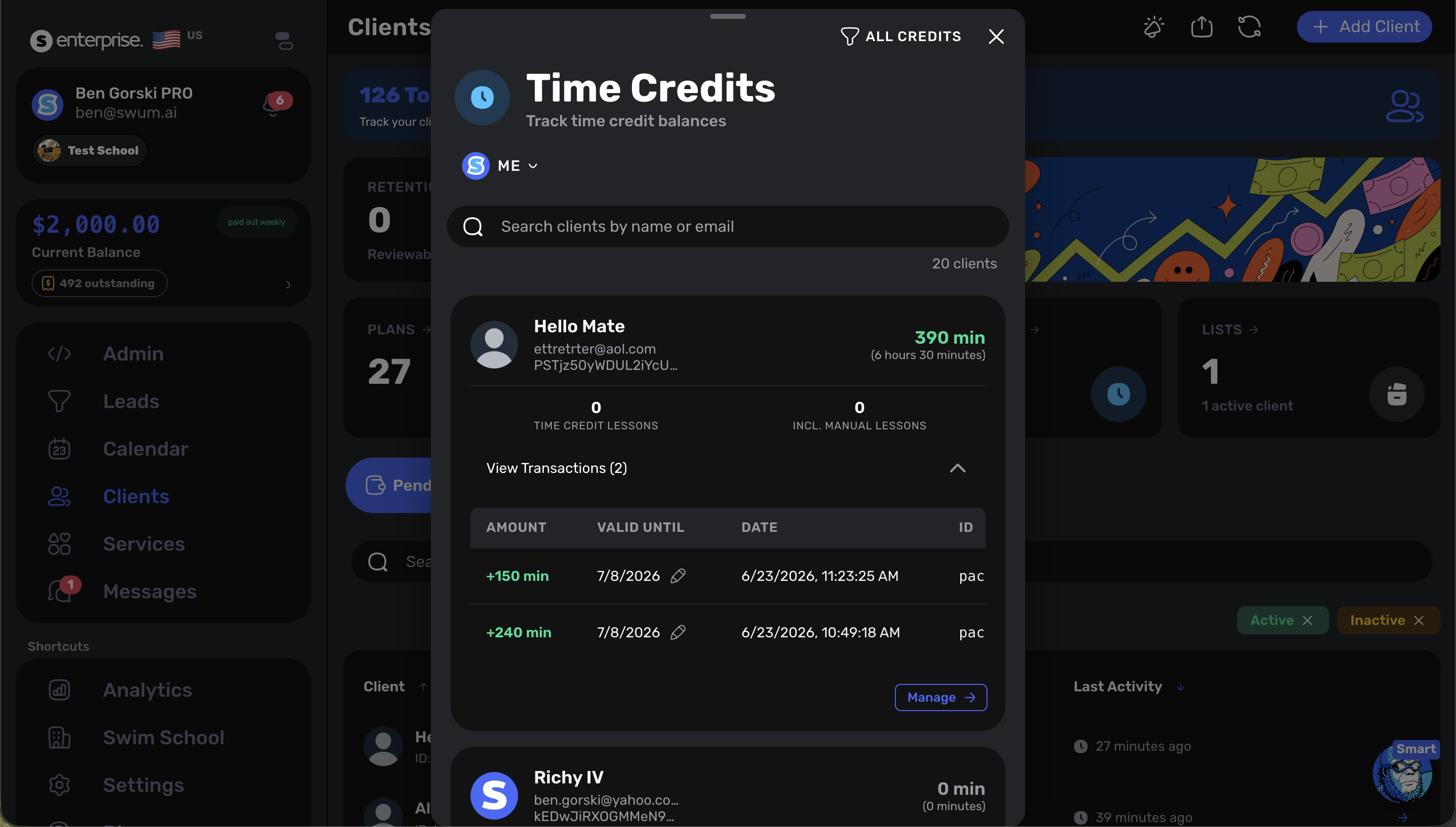 Swum Time Credits modal showing client balances, valid-until dates, and edit expiration controls