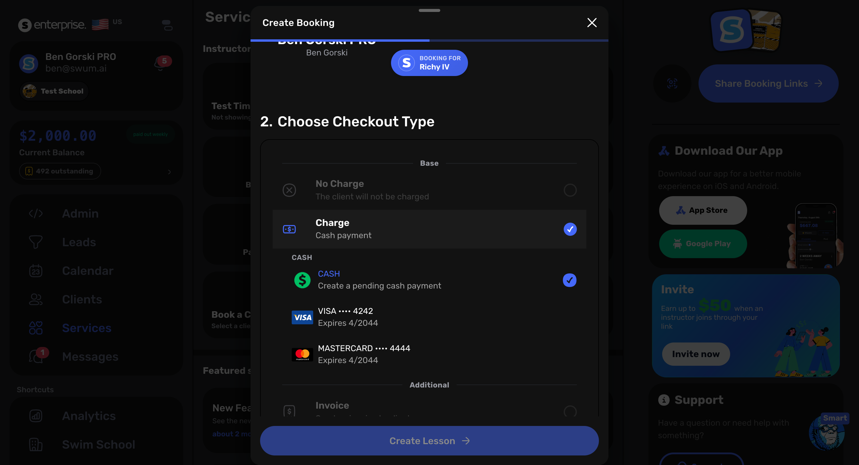 Swum manual booking checkout showing cash and saved card-on-file charge options