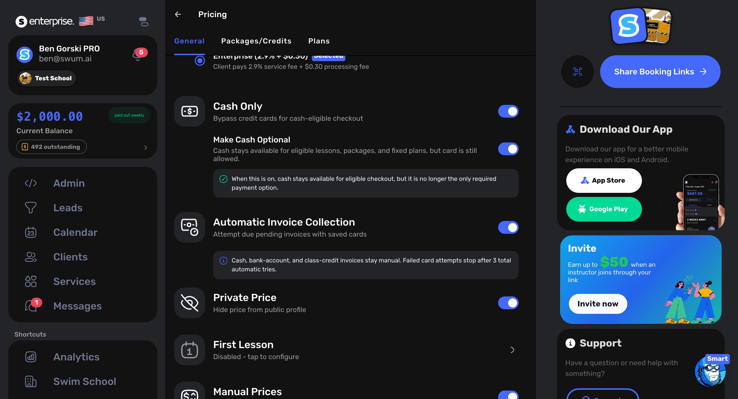Swum pricing settings showing automatic invoice collection and failed card retry behavior