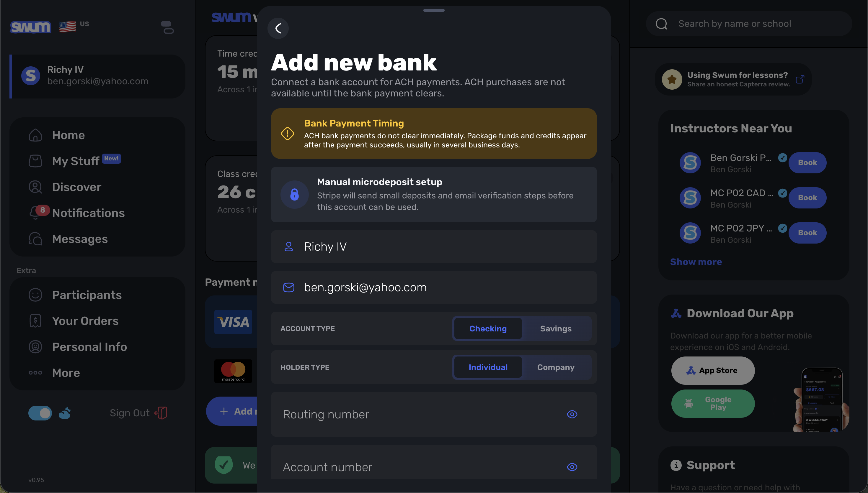 Swum Add new bank modal showing manual microdeposit setup for ACH bank payments