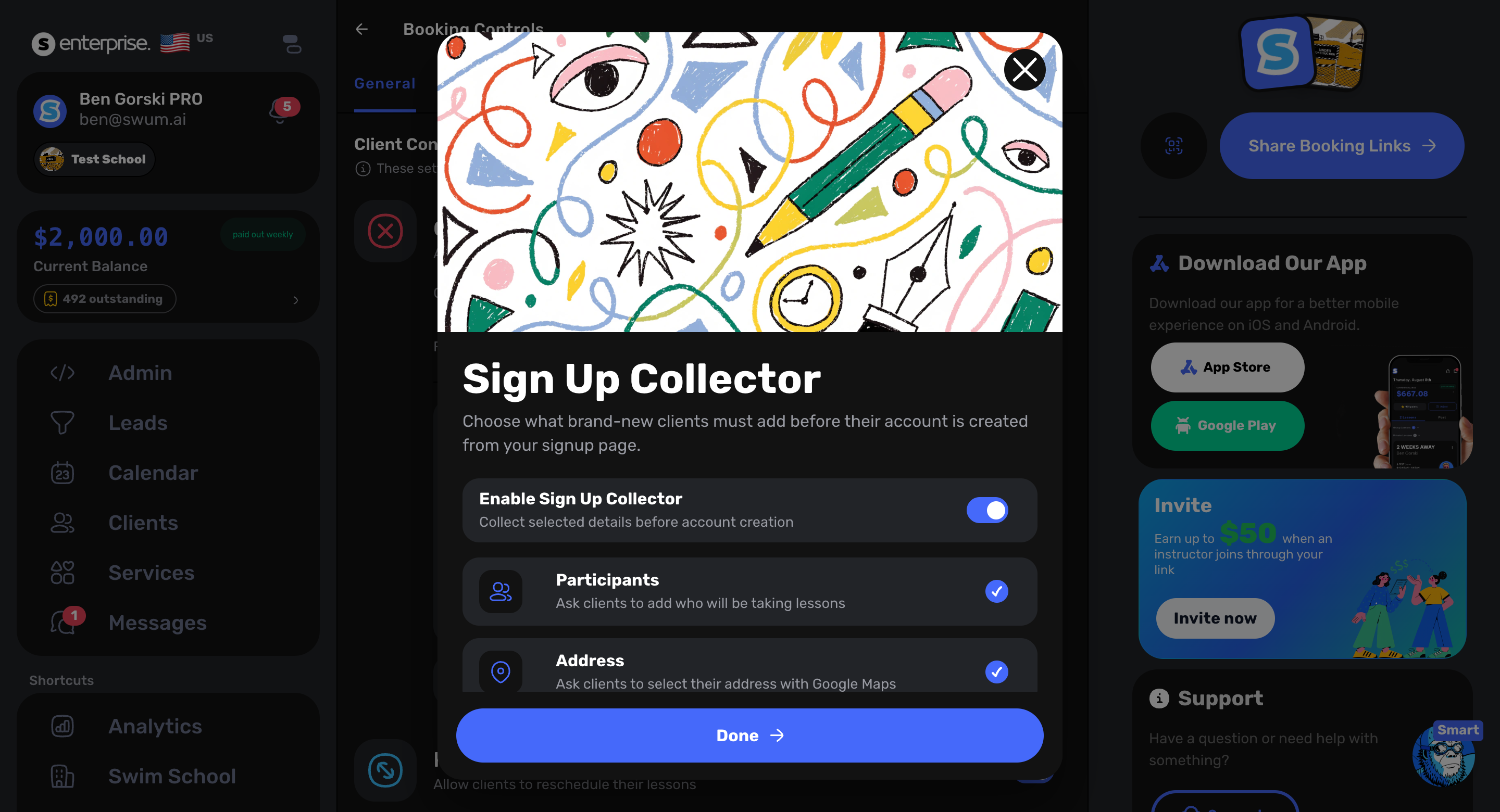 Swum Sign-Up Collector modal with Preferred Times enabled and add-to-list setting