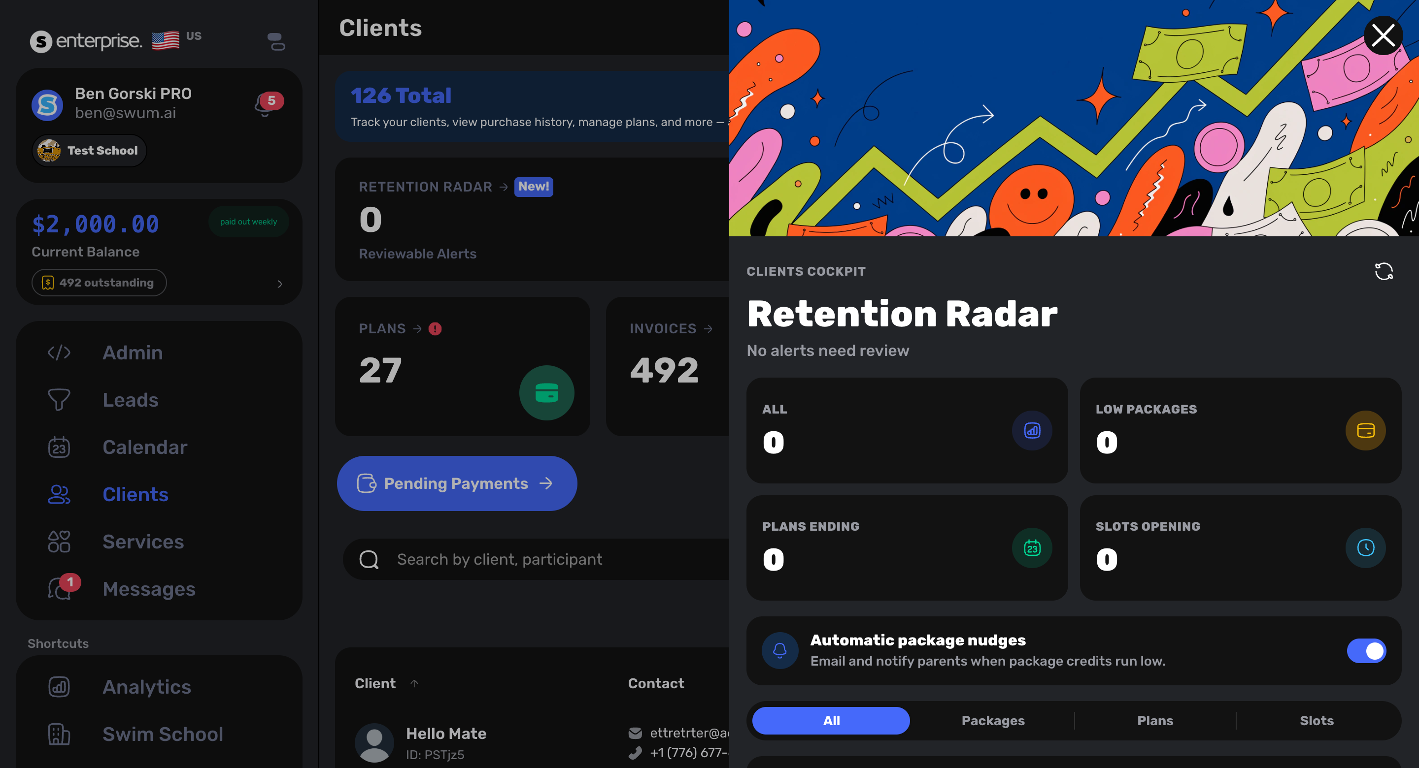 Swum Retention Radar settings showing automatic package nudges and low-credit parent emails