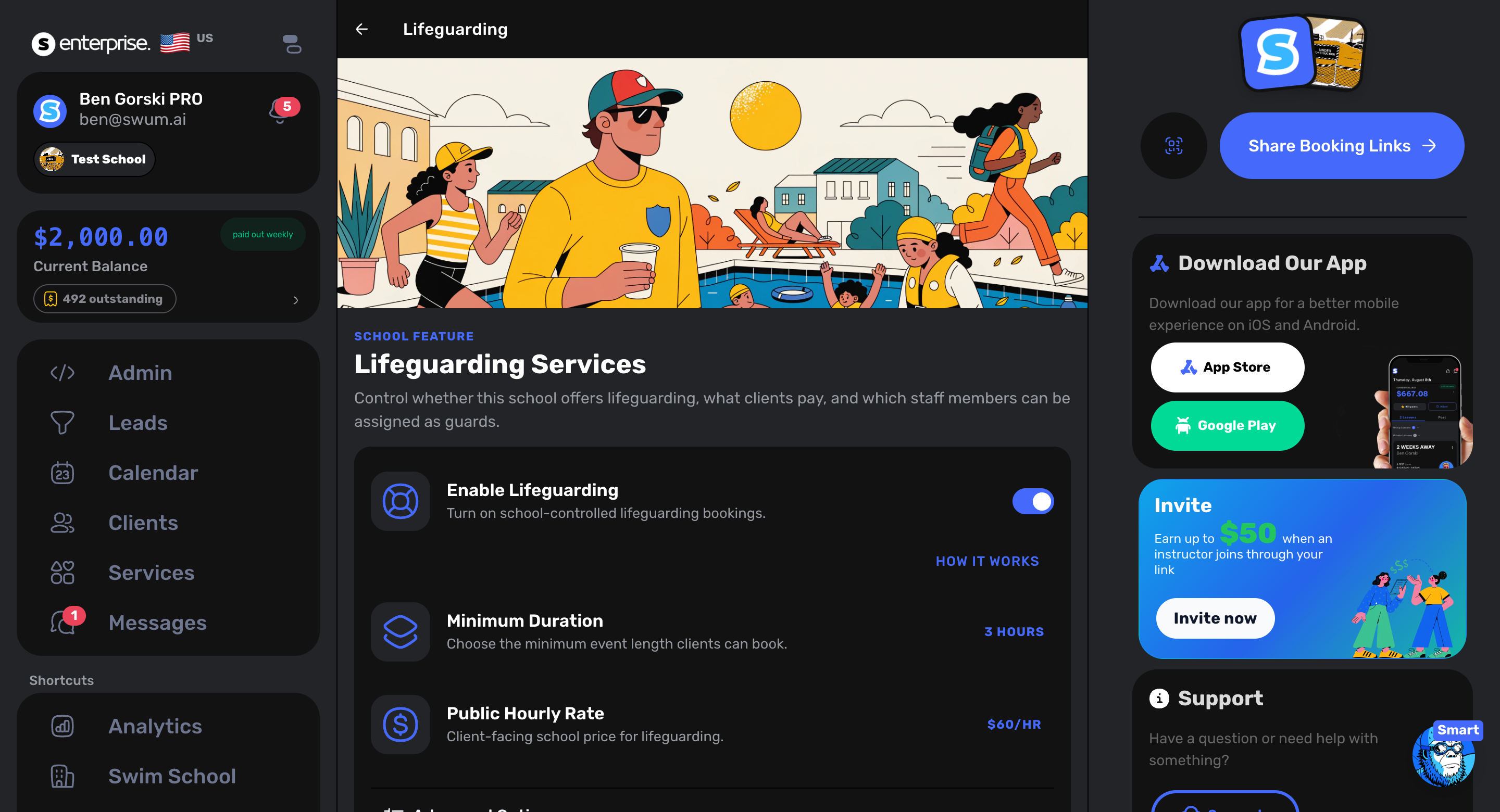 Swum lifeguarding service settings showing request permissions, hourly rate, and eligible staff