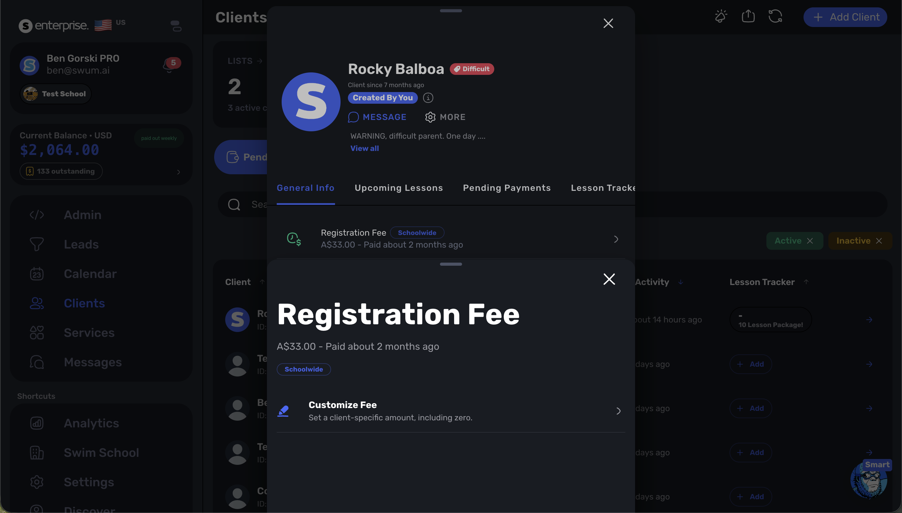 Swum client profile showing the Registration Fee dialog and Customize Fee option
