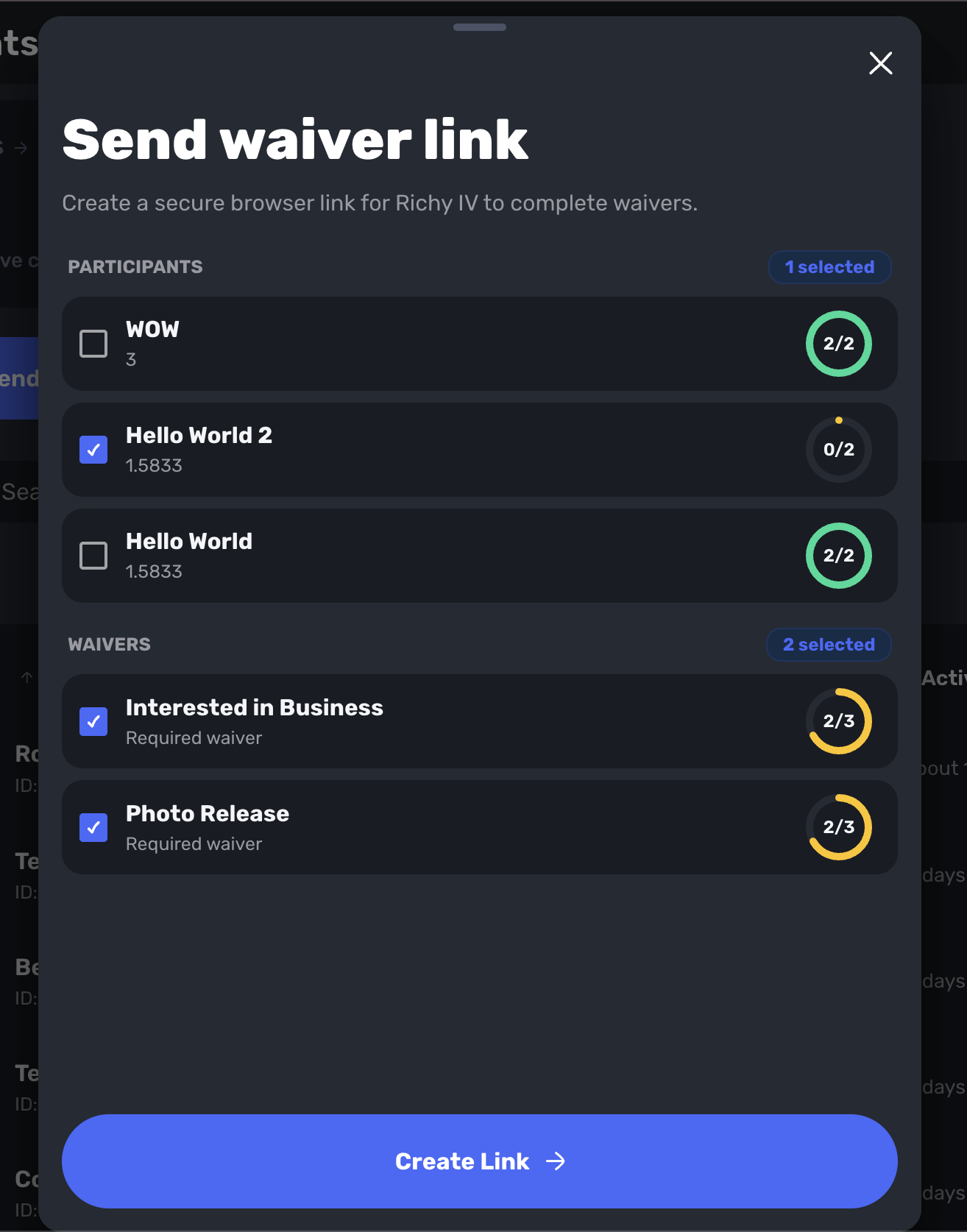 Swum Send waiver link dialog with participant and waiver selections and a Create Link button