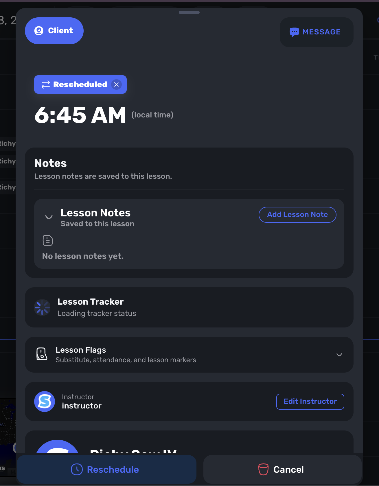 Swum lesson details showing a Rescheduled badge with a dismiss control