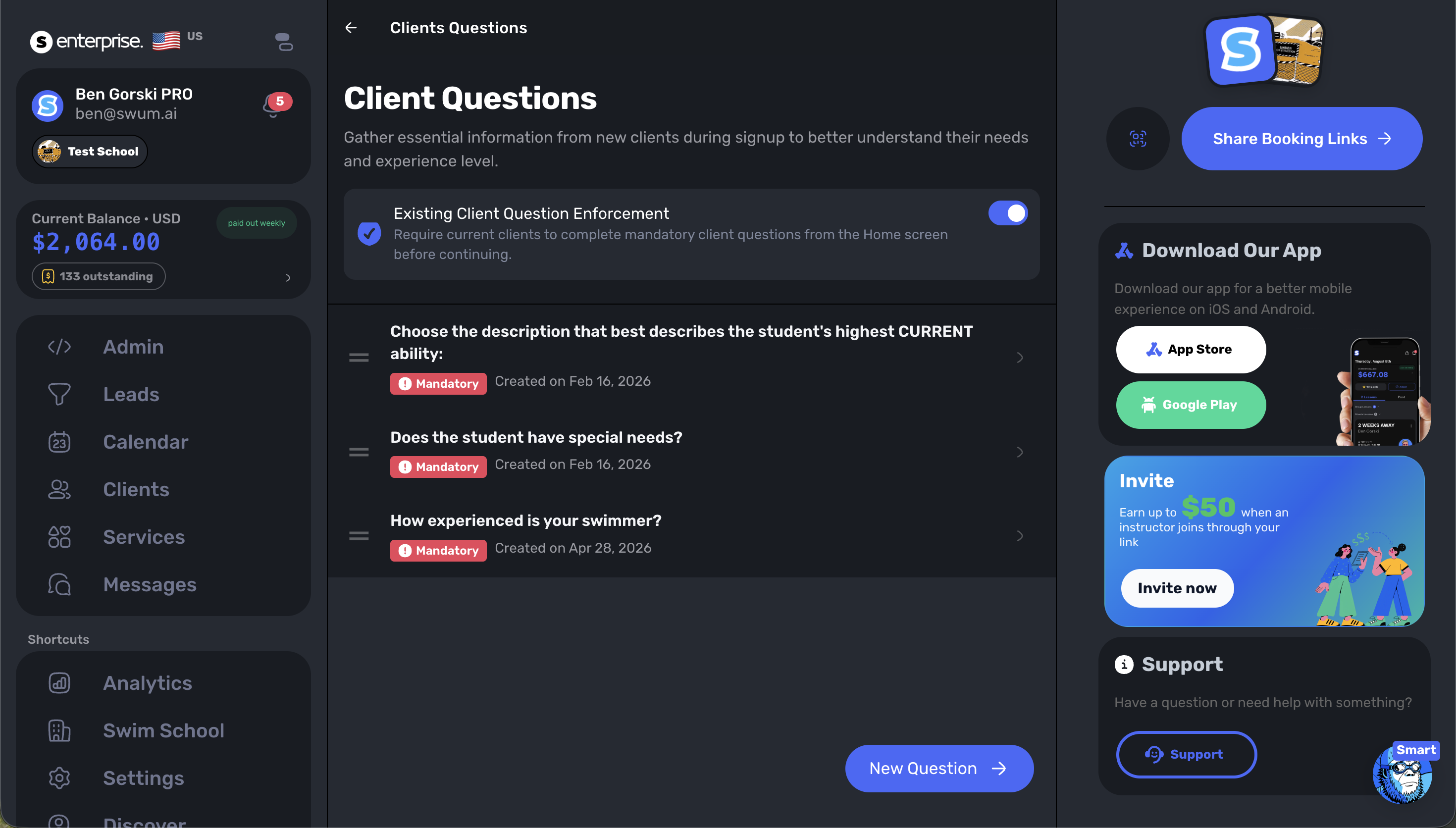 Swum Client Questions settings with Existing Client Question Enforcement enabled