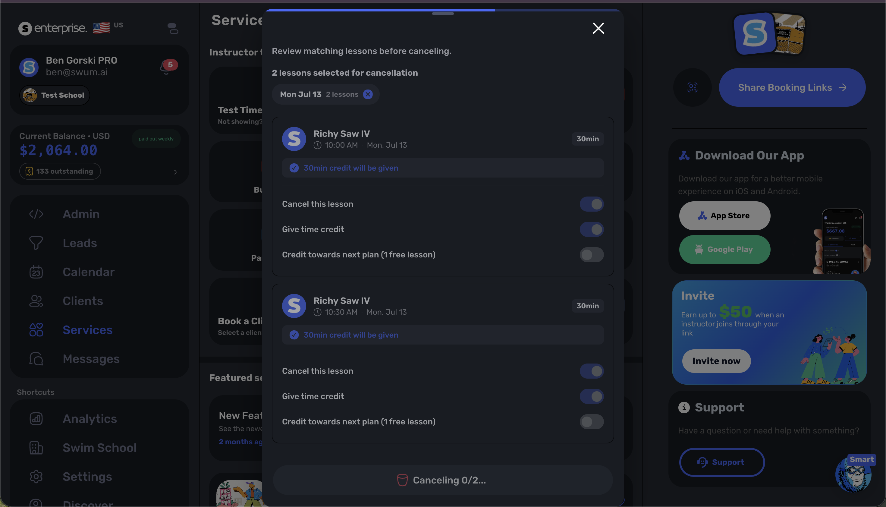 Swum blocked-date workflow reviewing matching lessons before cancellation