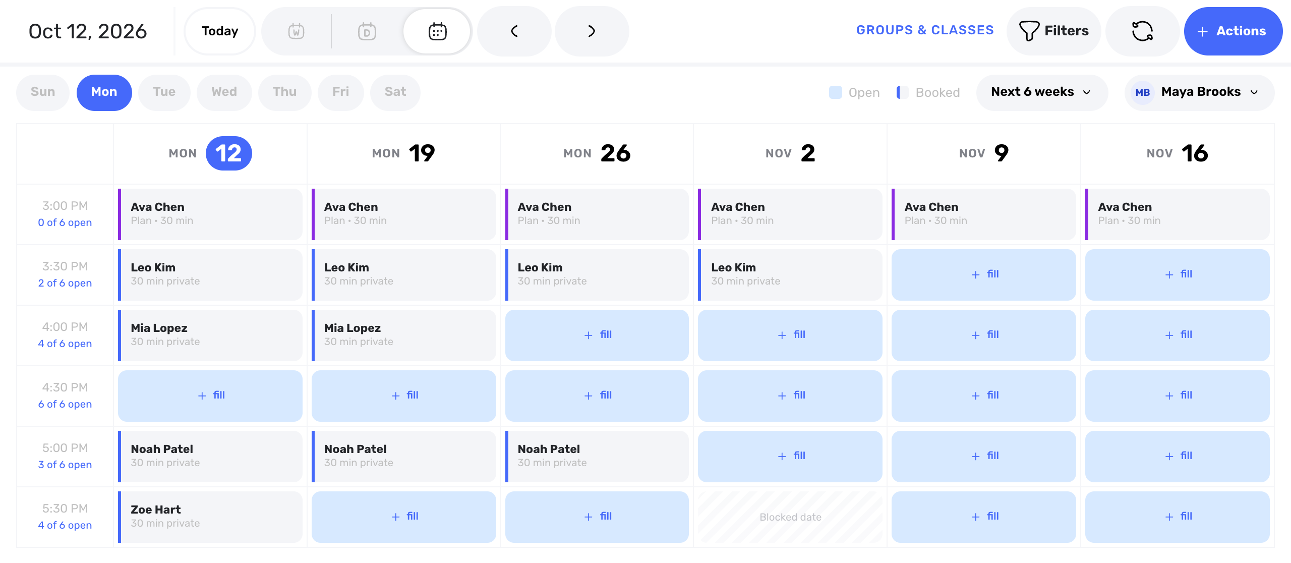 Swum multi-week calendar view showing Mondays across the next 6 weeks with booked lessons, open slots, and a blocked date