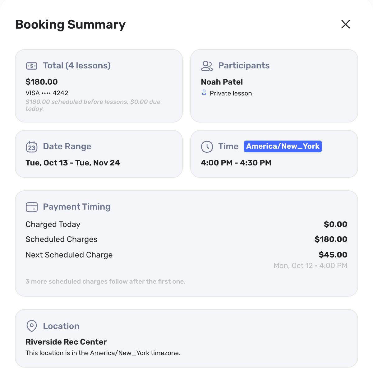 Swum Booking Summary for four every-other-week lessons with the date range, total, and payment timing
