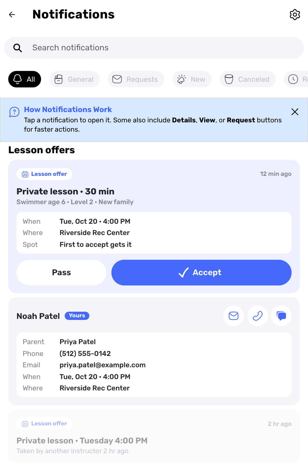Swum Notifications page showing Lesson offers with an open offer, an accepted offer with family details, and an offer taken by another instructor