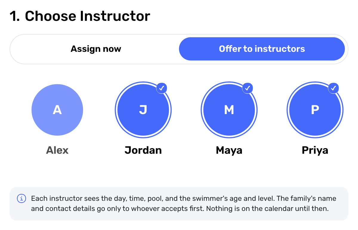 Swum Create Booking step 1 with Offer to instructors selected and three instructors ticked