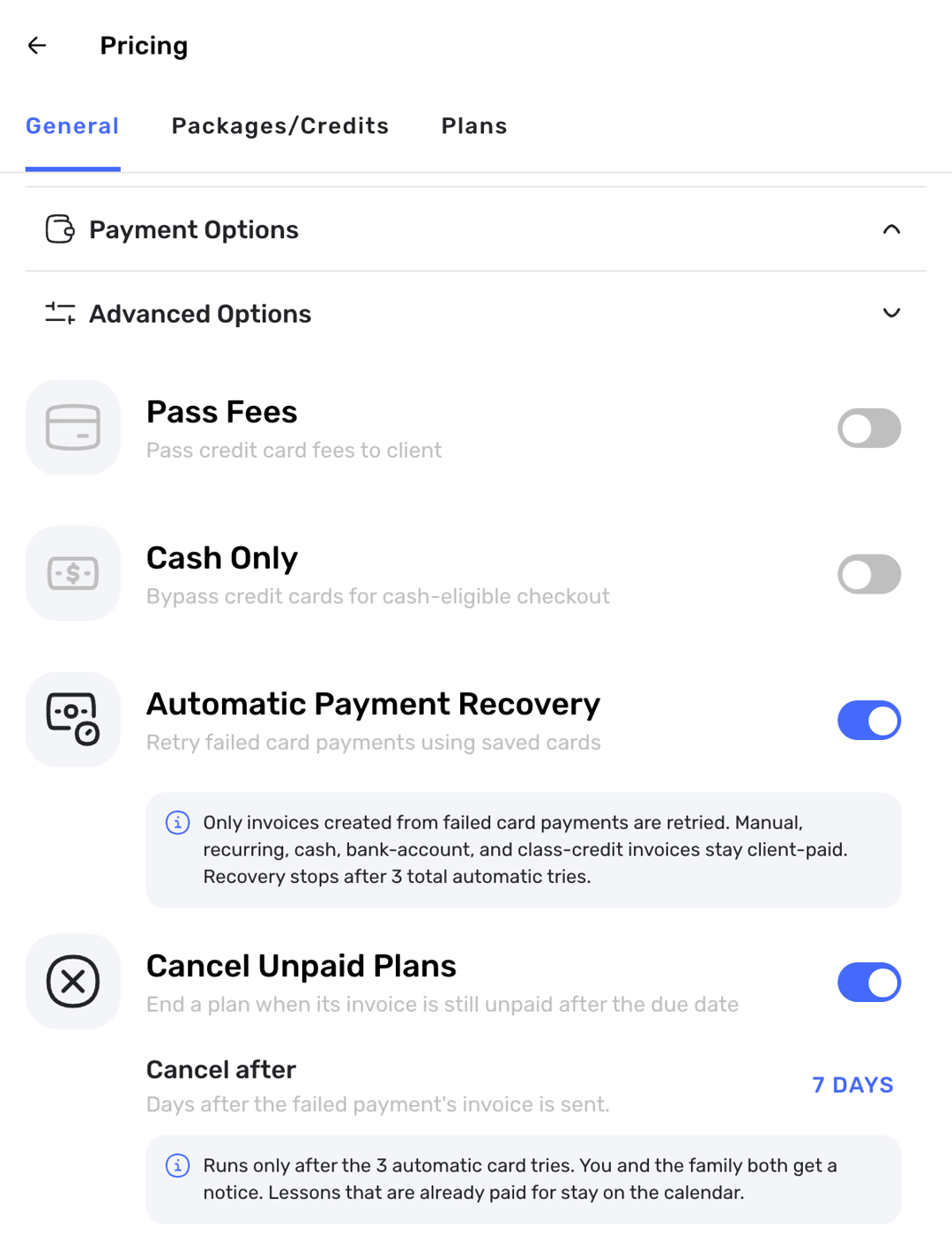 Swum Pricing Advanced Options showing Cancel Unpaid Plans turned on with Cancel after set to 7 days