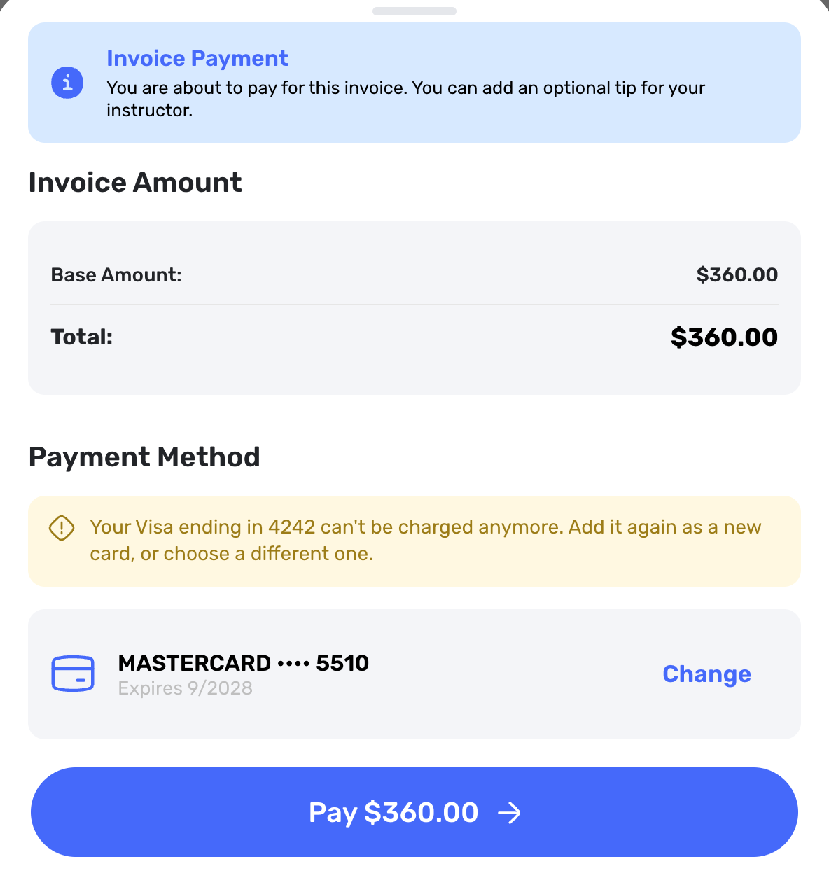 Swum invoice payment sheet with a notice that the saved card can no longer be charged and another card selected