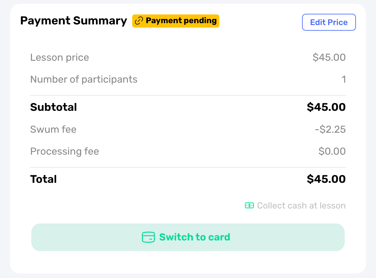 Swum lesson Payment Summary for a pending cash lesson with a Switch to card button
