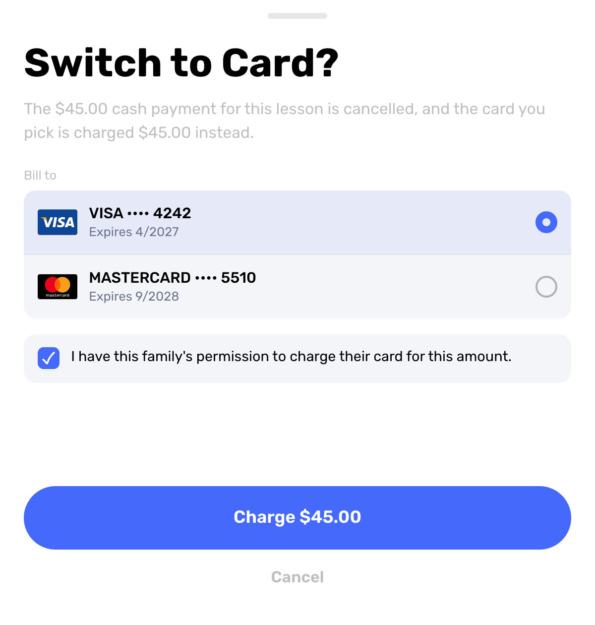 Swum Switch to Card sheet with a saved Visa selected, the permission box ticked, and a Charge button