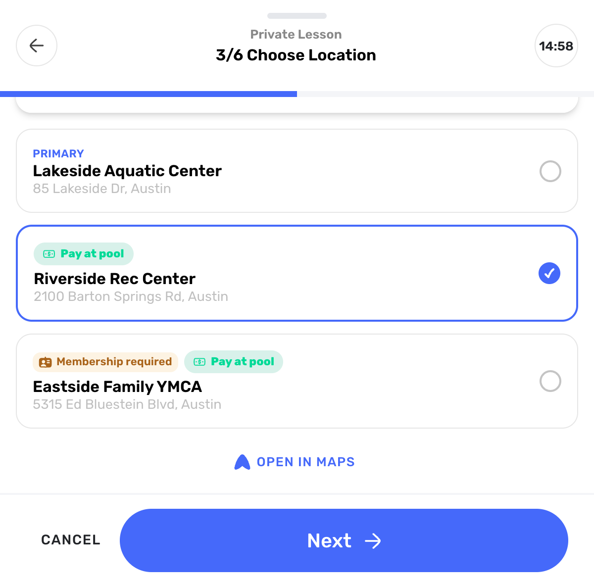 Swum family booking step Choose Location with Pay at pool labels on two locations