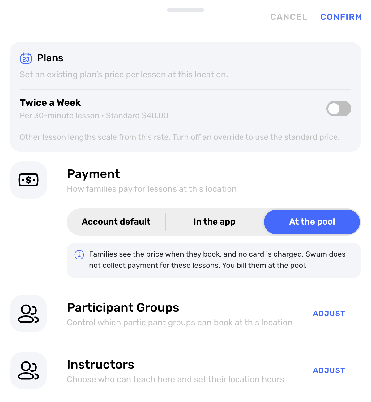 Swum location settings with a Payment row set to At the pool and a note that no card is charged