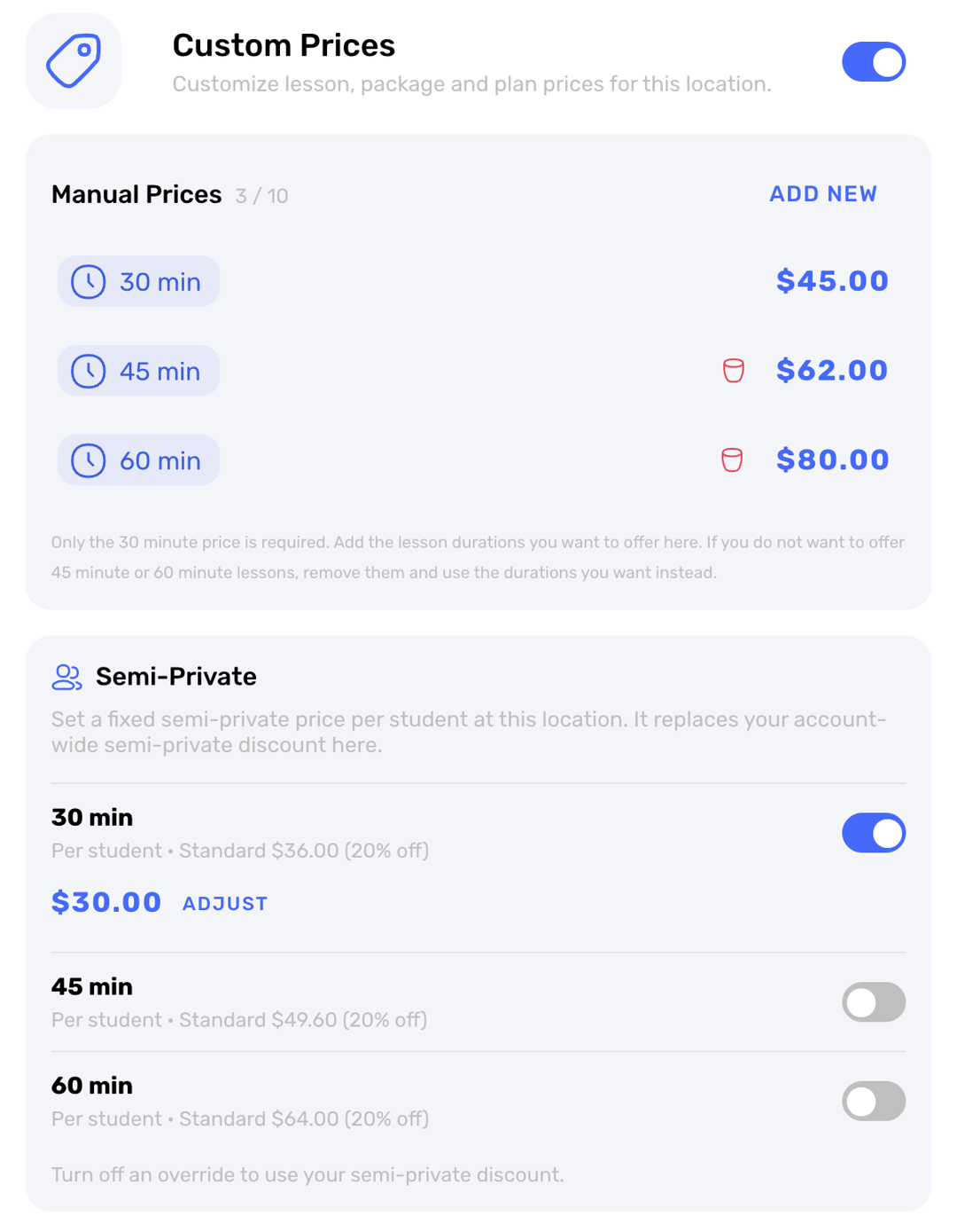Swum location Custom Prices with a Semi-Private card showing a fixed 30 minute price per student