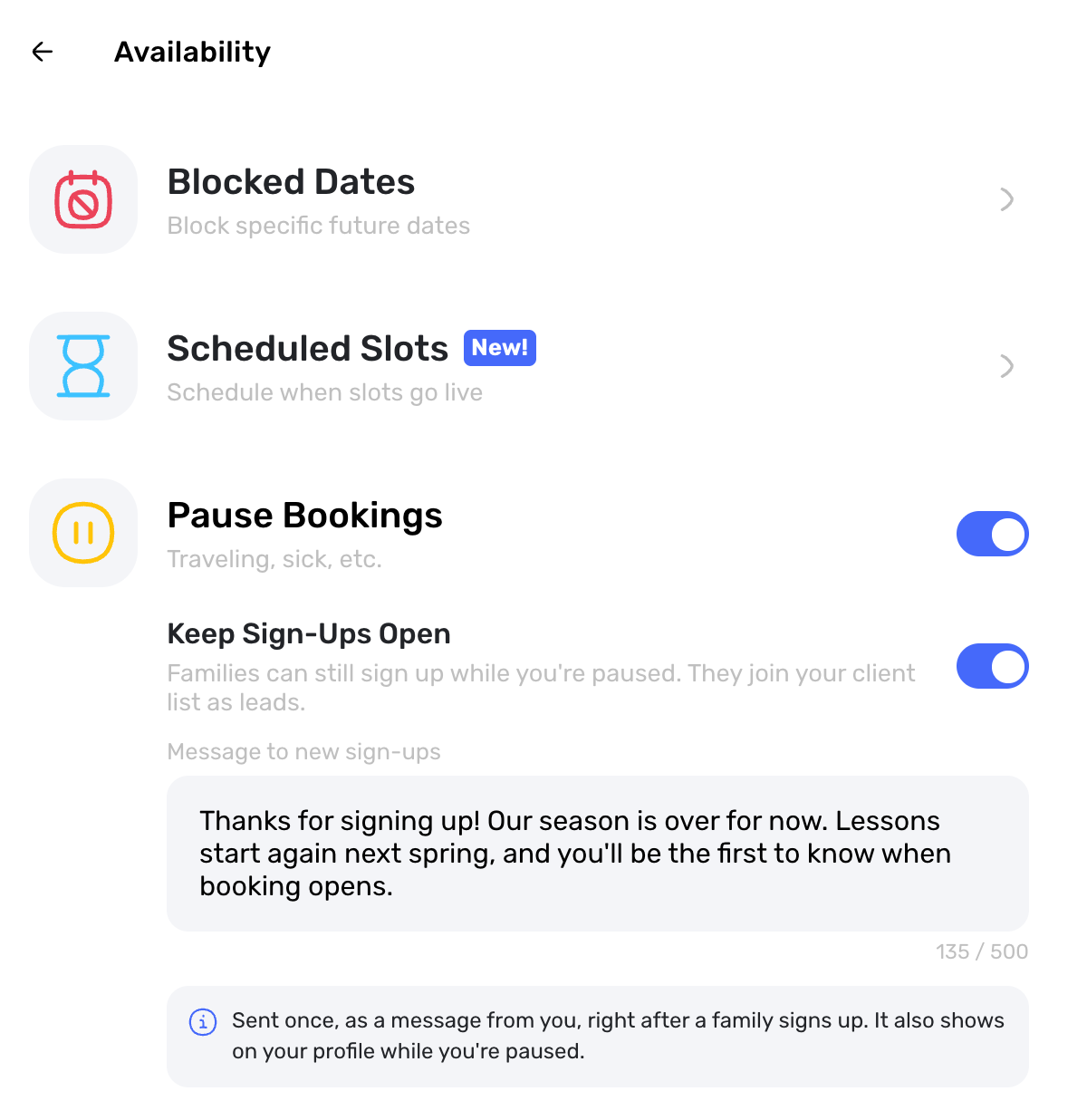 Swum Availability page with Pause Bookings on, Keep Sign-Ups Open on, and a message to new sign-ups