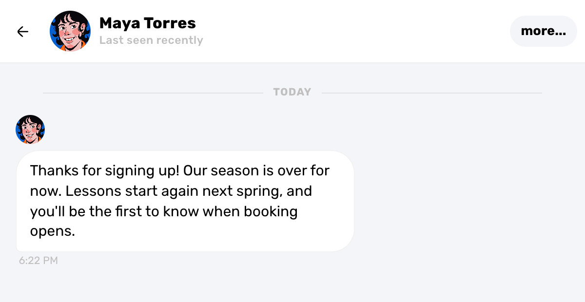 Swum chat showing the instructor's off-season note delivered to a family that just signed up