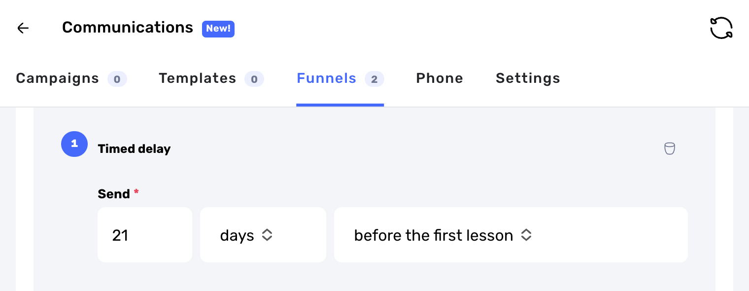 Swum Communications Funnels editor with a Timed delay step set to send 21 days before the first lesson