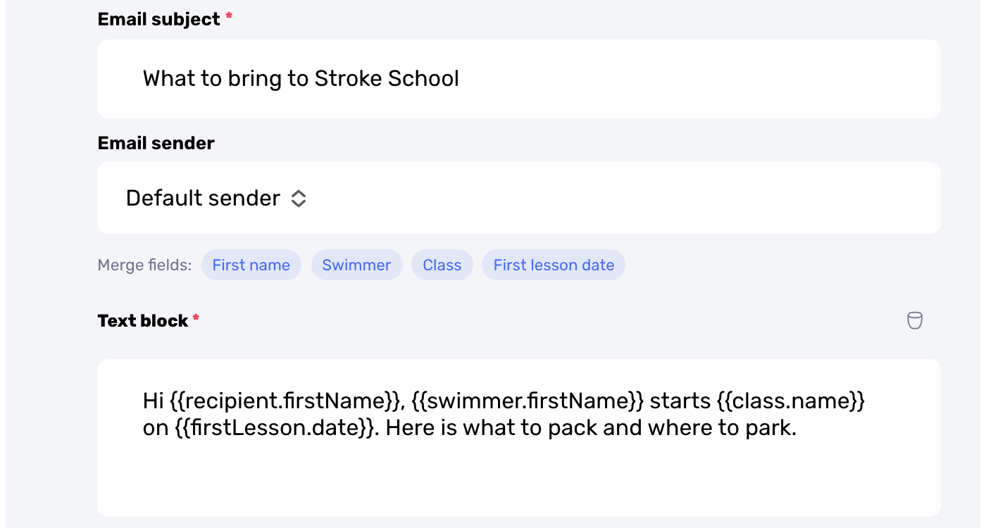 Swum funnel message step with merge fields for First name, Swimmer, Class, and First lesson date