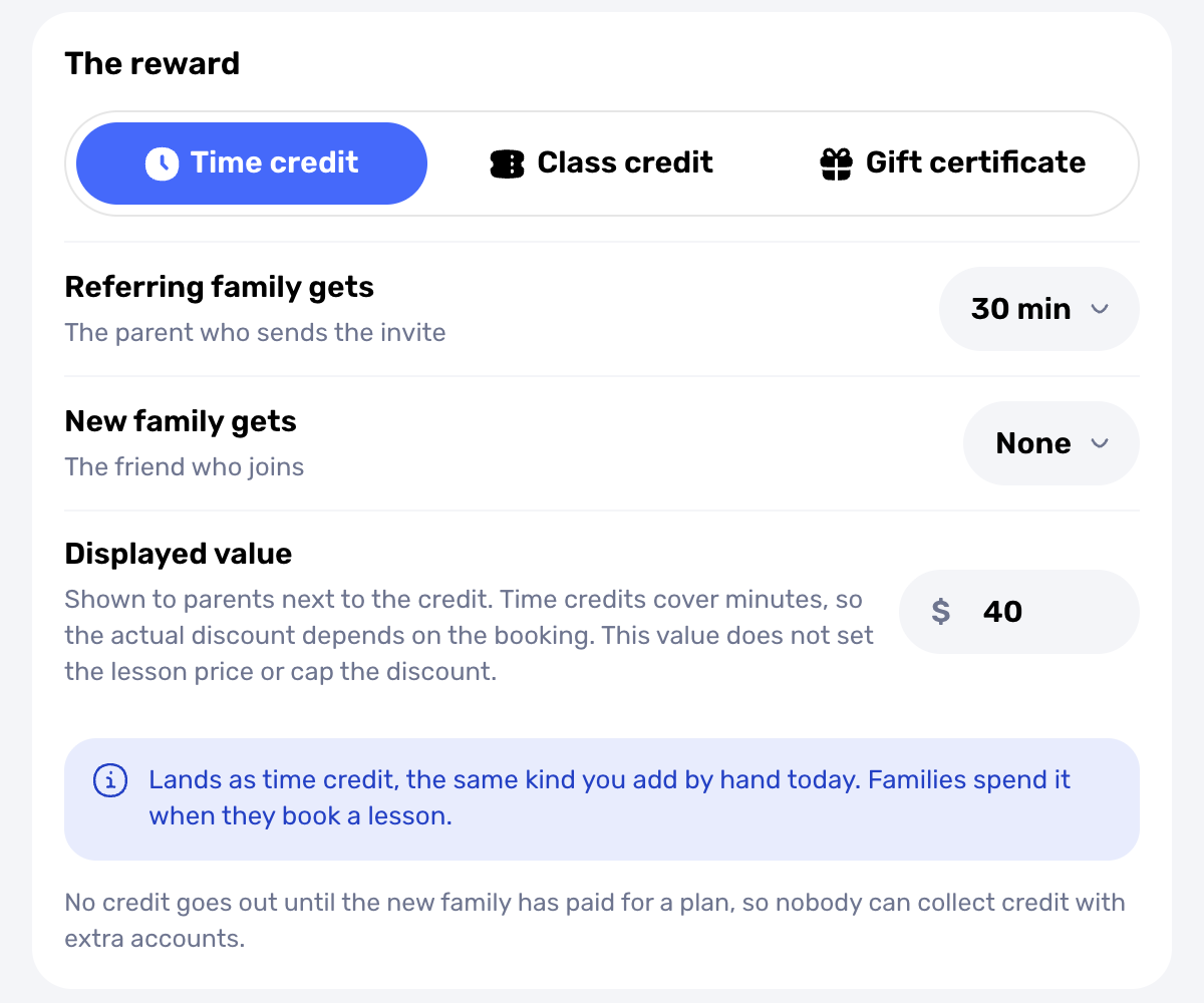 Swum Client Rewards settings with Referring family gets 30 min and New family gets None