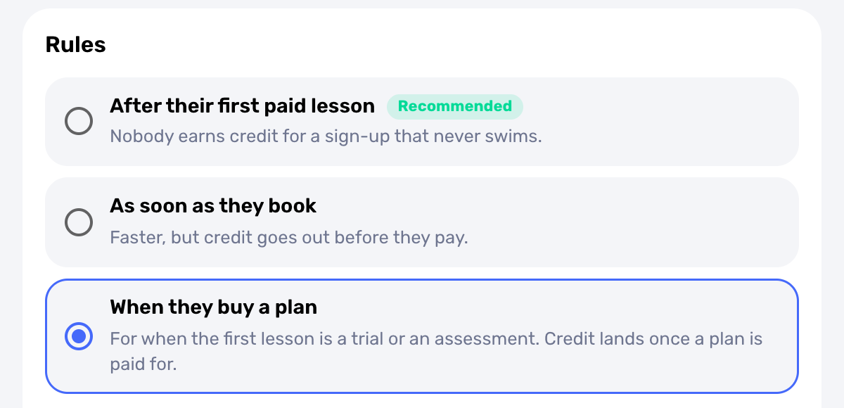 Swum Client Rewards Rules with When they buy a plan selected