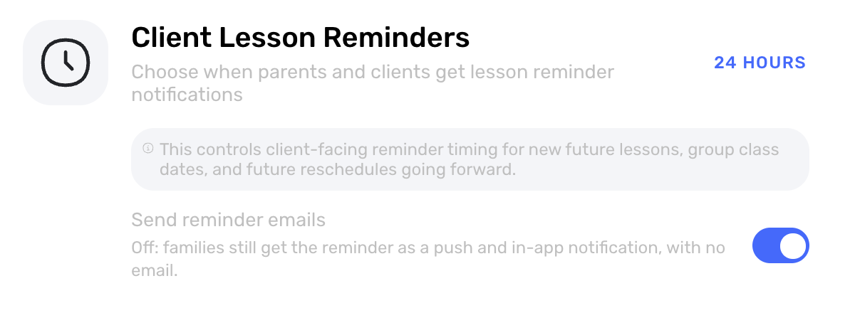 Swum Booking Controls showing the Send reminder emails switch under Client Lesson Reminders