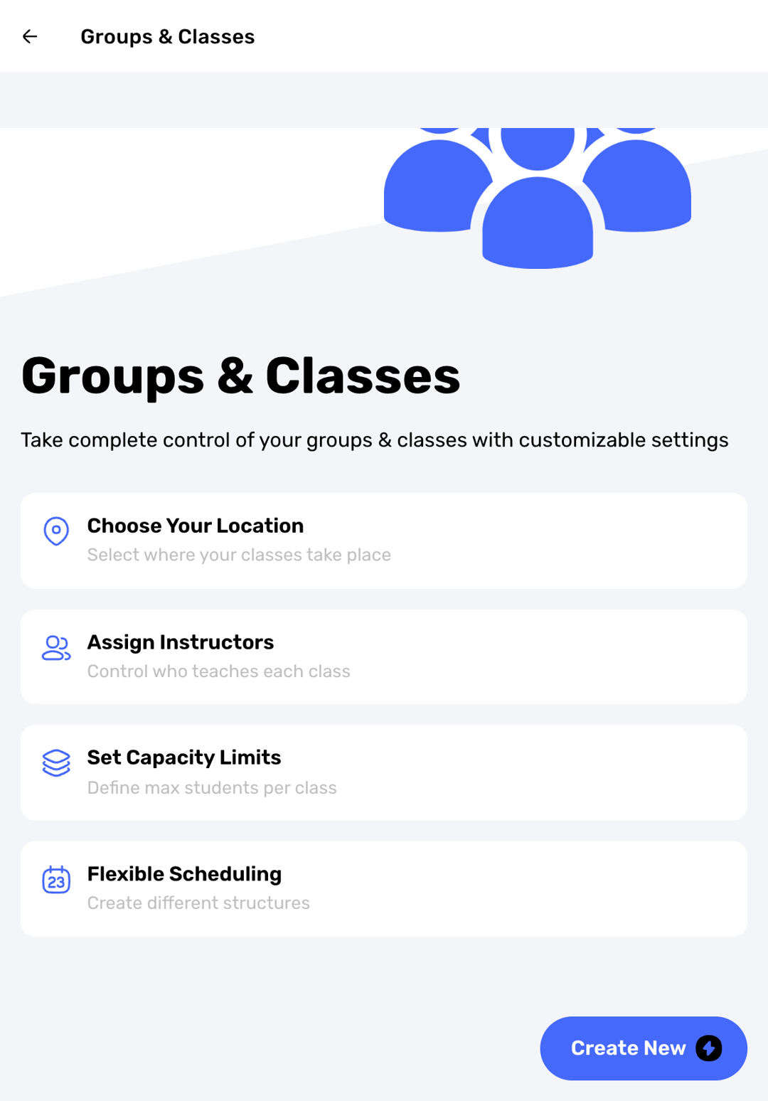 Swum Groups & Classes page for a free-plan instructor with the Create New button