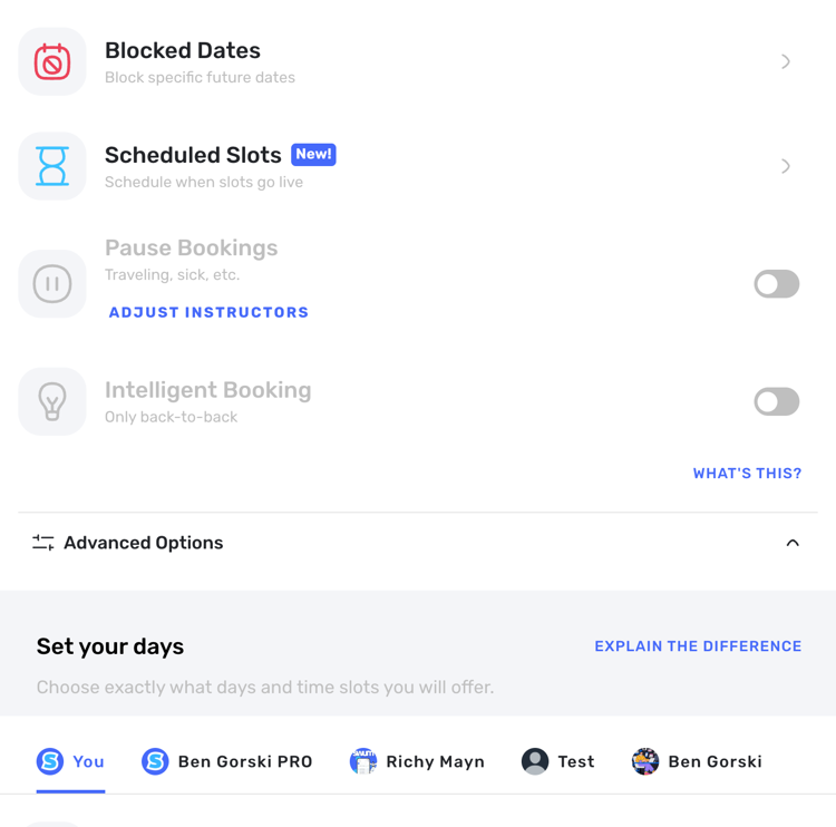 Swum availability settings with blocked dates, scheduled slots, pause bookings, intelligent booking, and instructor time slots