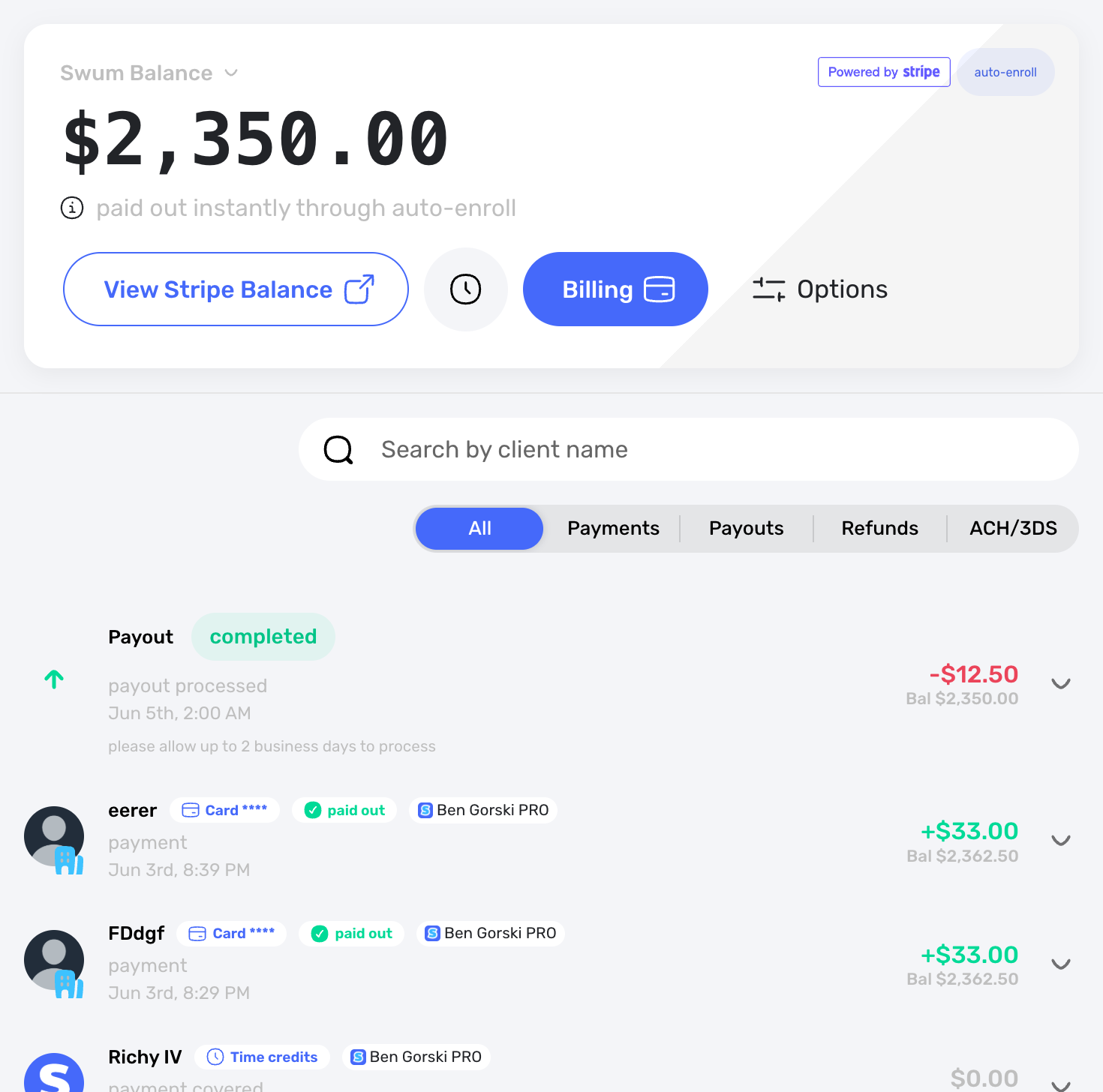 Swum balance and payment dashboard with payouts, invoices, and transaction history