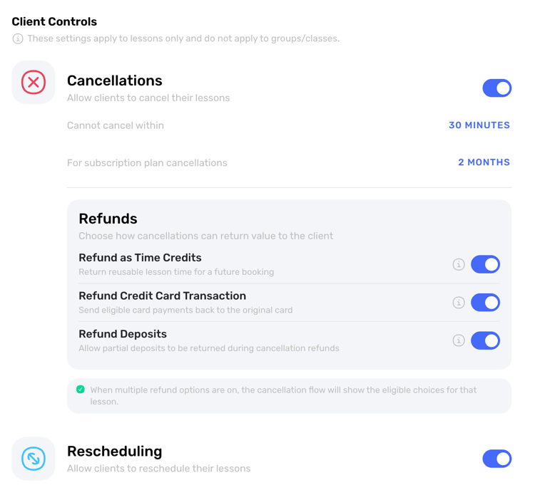Swum booking controls for cancellation refunds, rescheduling, and payment policy decisions