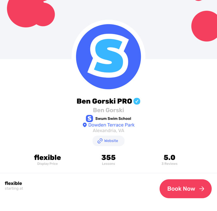 Swum parent-facing booking profile with instructor details, lesson count, reviews, and book now call to action