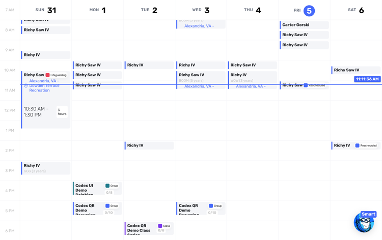 Swum weekly calendar with lesson details, locations, group classes, and day-of schedule context