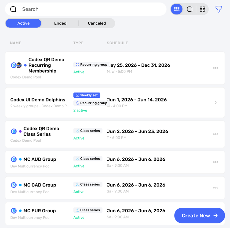Swum Groups and Classes page with recurring groups, class series, active schedules, and create new controls