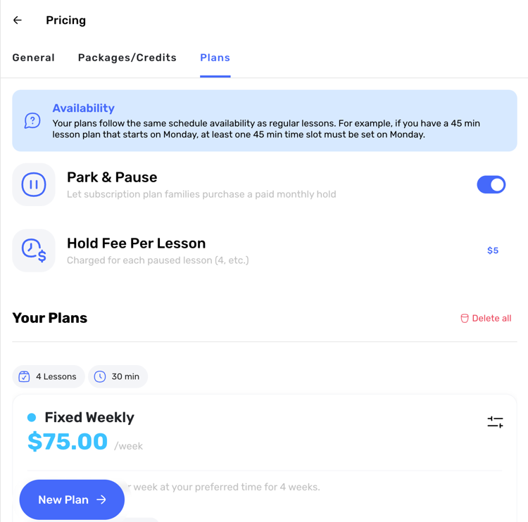 Swum lesson plans settings with plan availability, park-and-pause controls, hold fees, recurring plans, and new plan action
