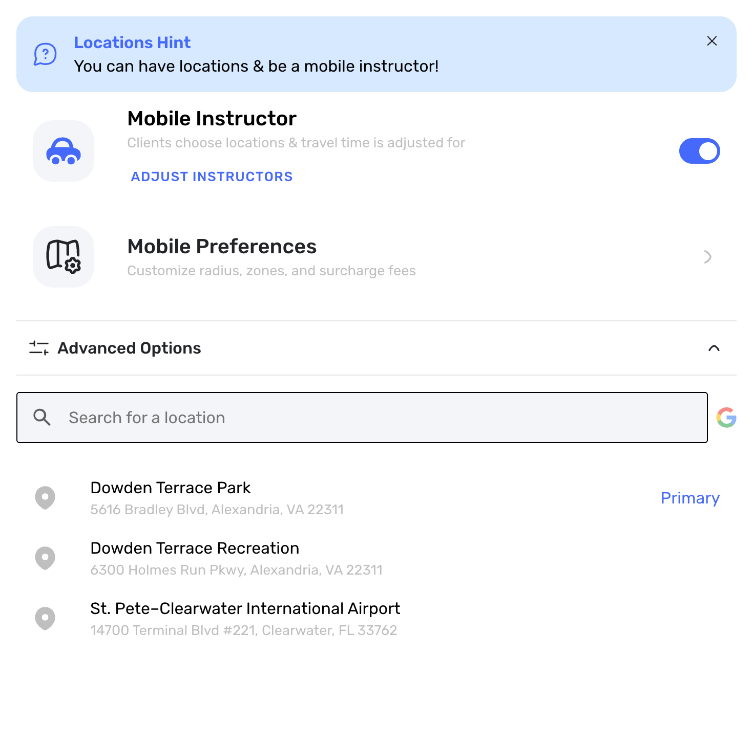 Swum location settings for mobile swim instructors with travel preferences and venue list