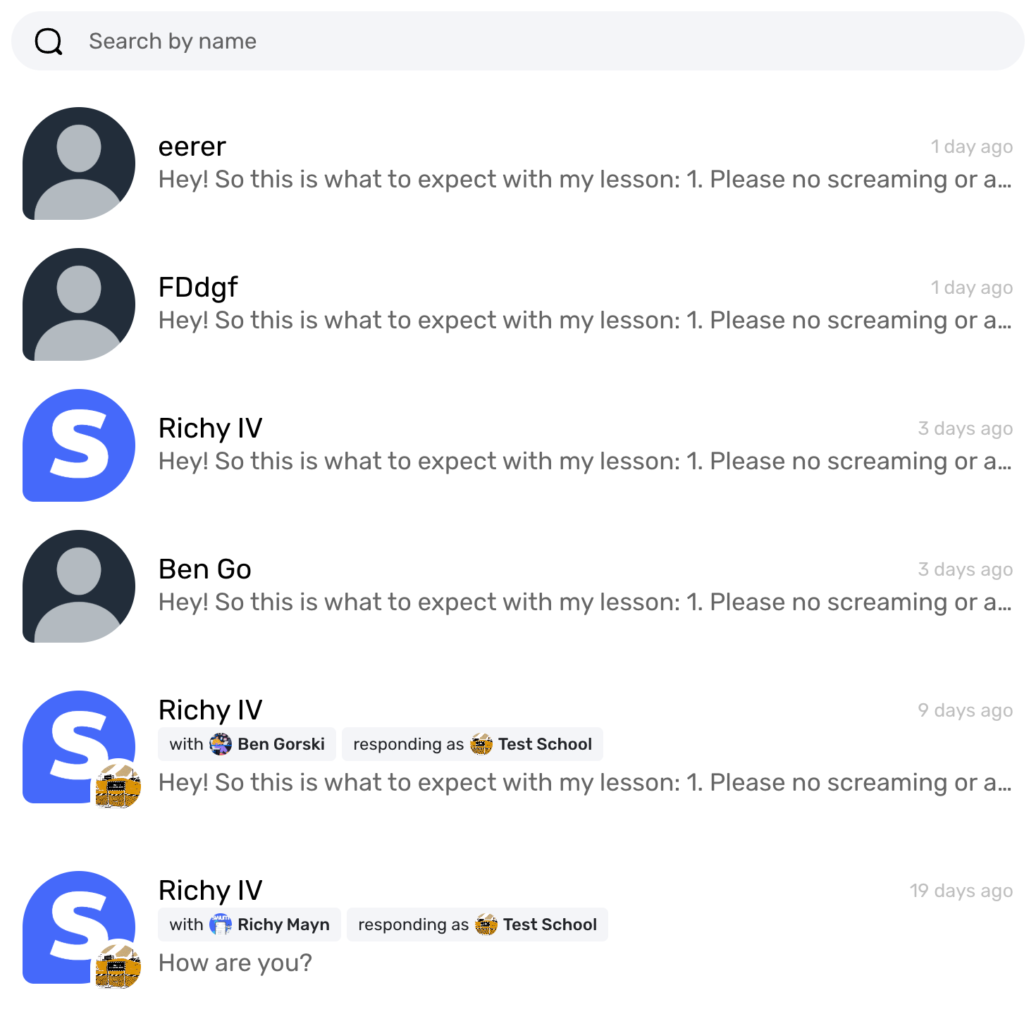 Swum messages inbox with parent conversations, search, lesson expectation messages, and school response context