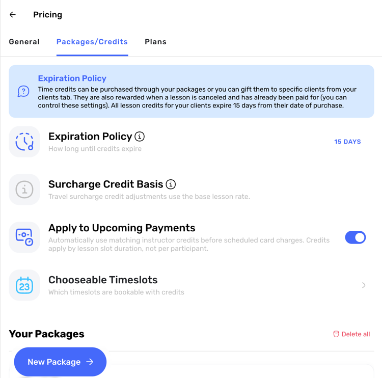 Swum packages and credits settings with credit expiration, upcoming payment application, and bookable timeslot controls