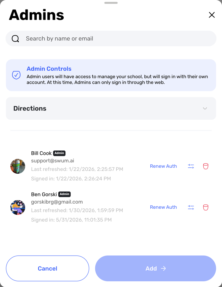 Swum school admin controls with admin search, access guidance, and school admin user list